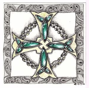 A Celtic Cross with inexpertly drawn emeralds.
